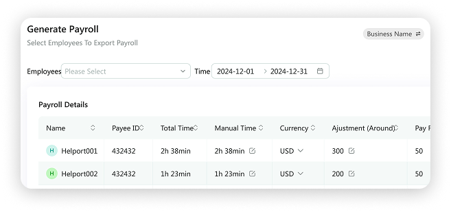Helport Remote | Generate Payroll and Preview Employee Hours Helport Remote payroll generation interface — select employees, date range, and view payroll details with hours, currency, and adjustments