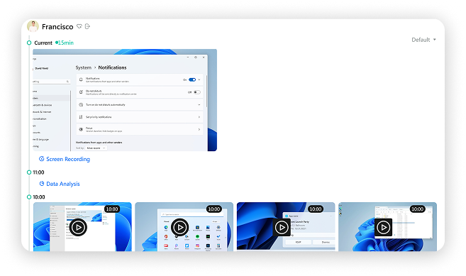 Helport Remote screen recording and activity snapshots — showing current session of Francisco with system notifications window and timeline of recorded desktop activities