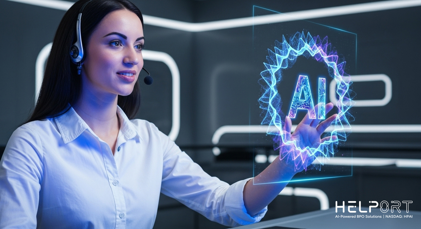 News & Insights Cstomer service agent using AI holographic interface in a futuristic call center with Helport branding.